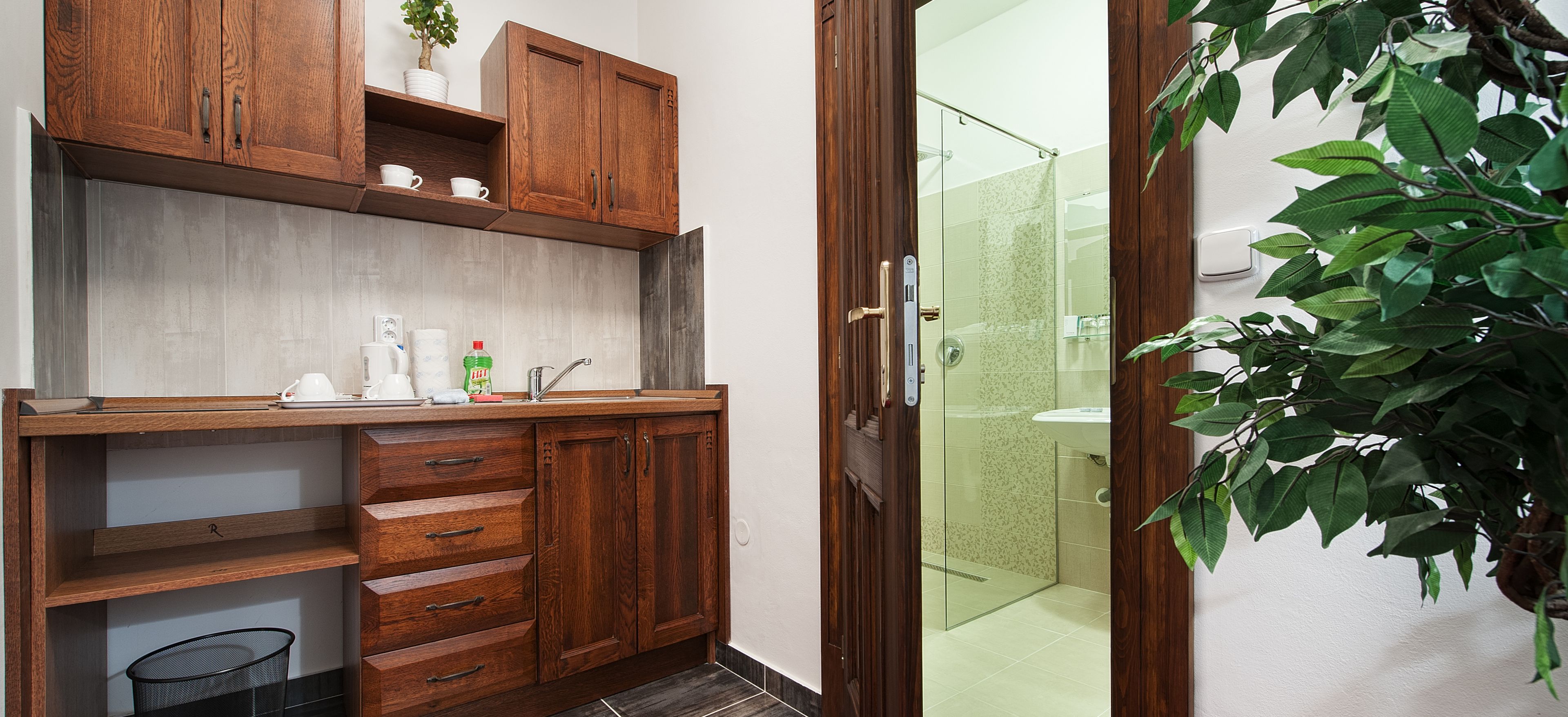 A modern bathroom with a glass shower, wooden cabinets, and a potted plant.
