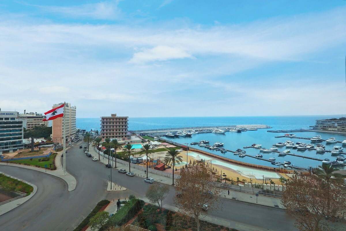 A marina with boats, a road, and buildings with a flag.