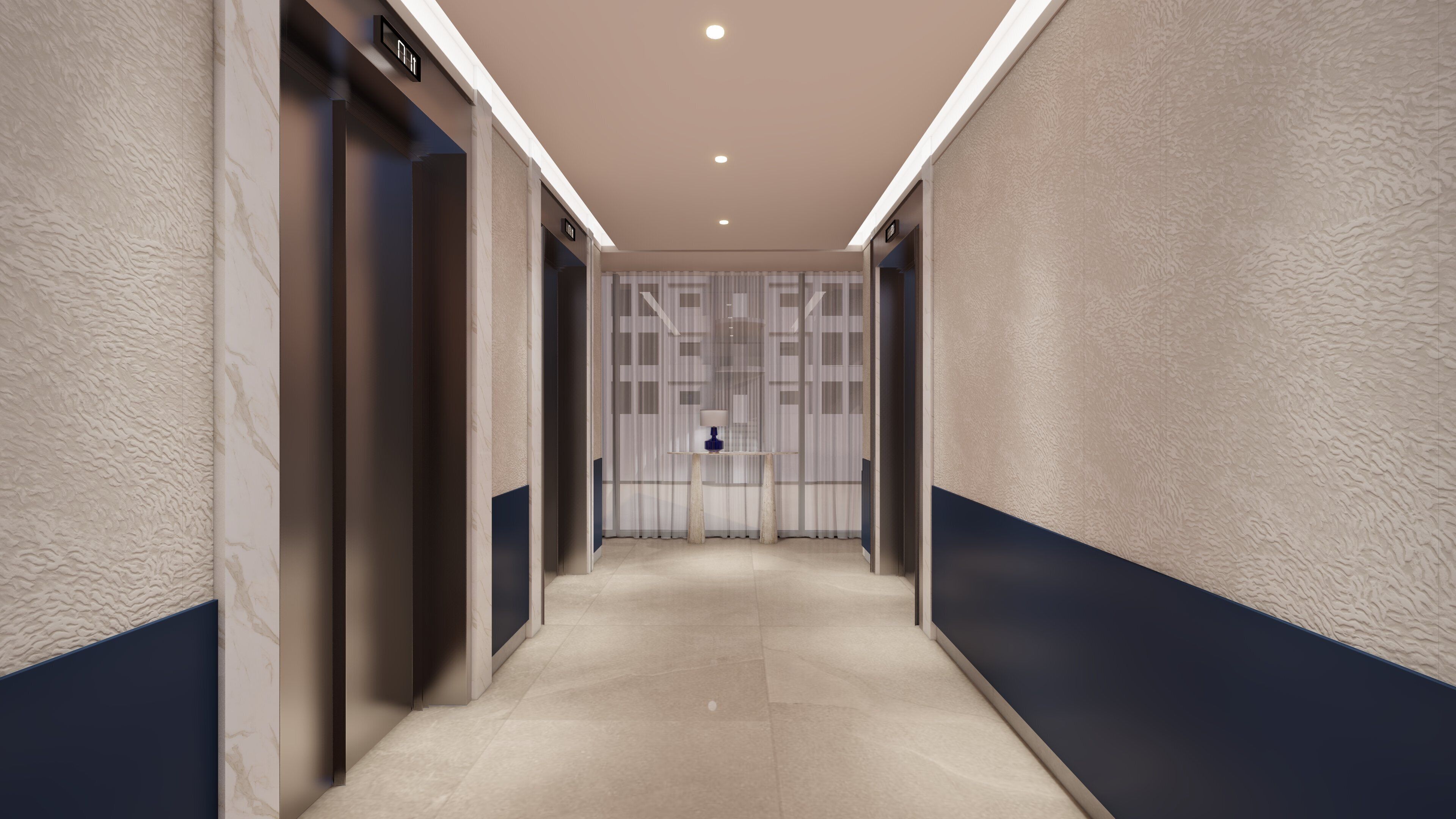 A modern hallway with a marble floor, a blue accent wall, and a decorative panel with a lamp.