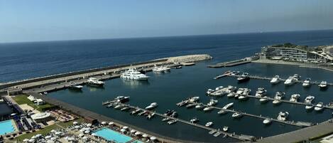 Marina con varias embarcaciones amarradas, zona de piscina con sombrillas y un edificio de techo curvo.