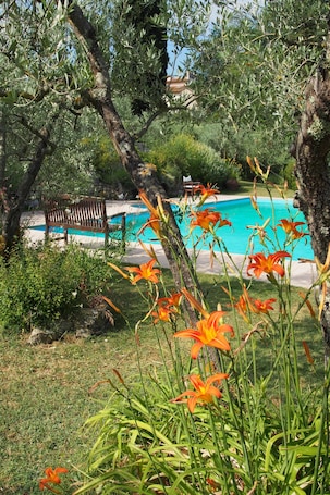 Una piscina al aire libre, sillones reclinables de piscina