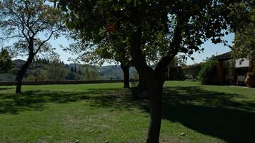 A tree-lined grassy area with a stone wall and a building in the background.