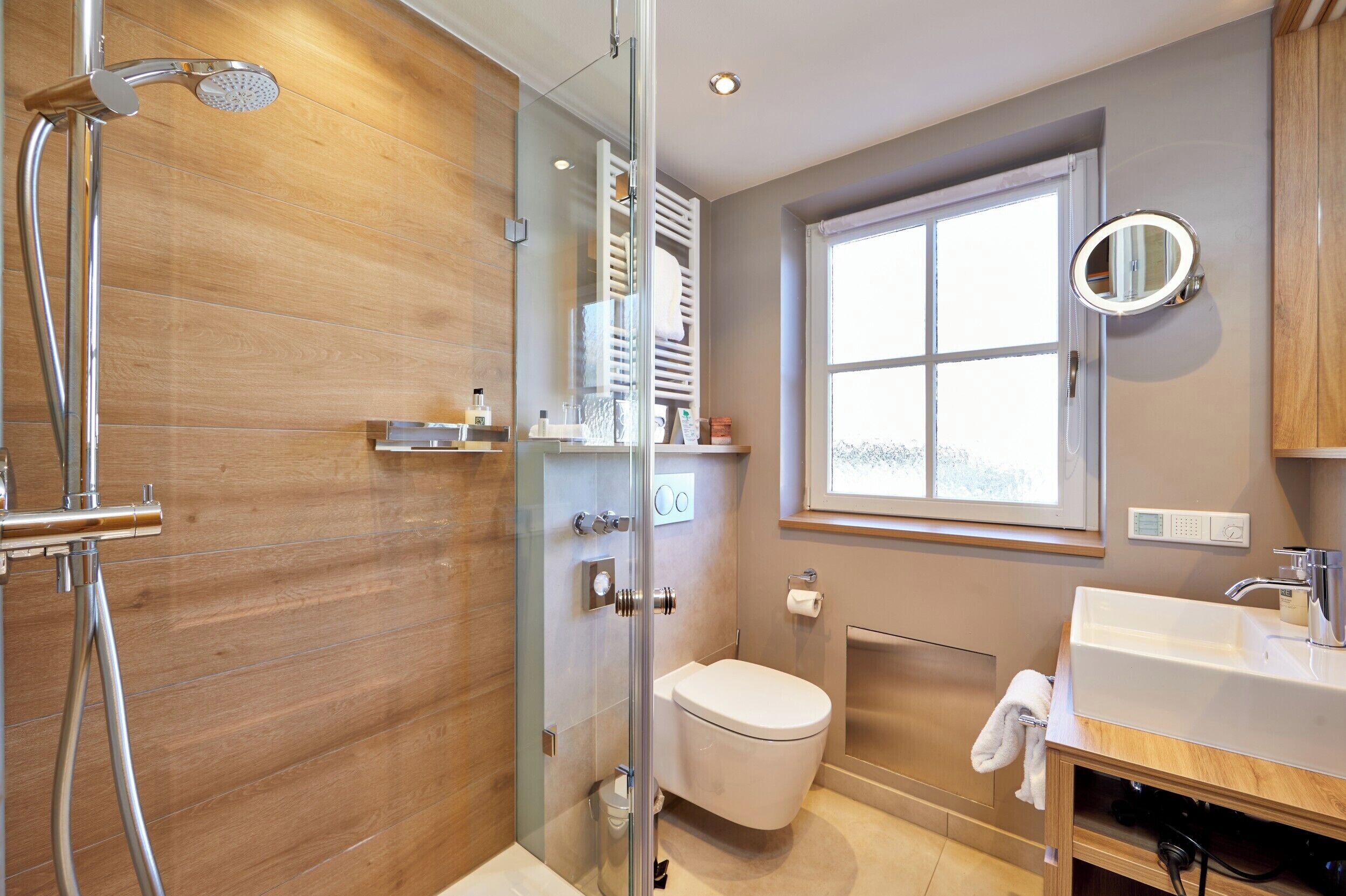 A modern bathroom with a glass-enclosed shower, a toilet, and a sink with a mirror.