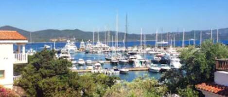 A marina with boats docked, surrounded by greenery and buildings.
