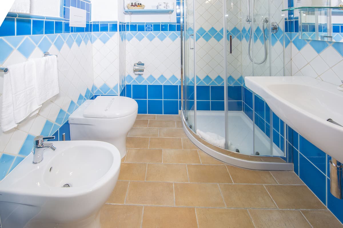 rainfall showerhead, hair dryer, bathrobes, slippers