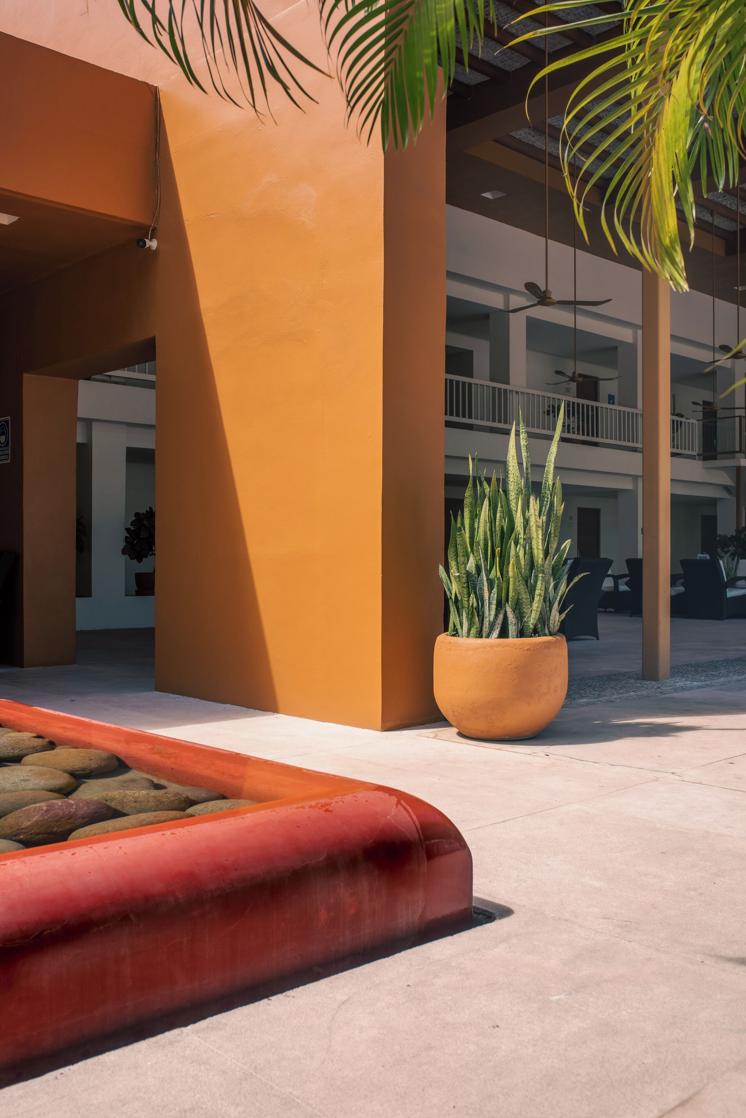 A modern building with a spacious courtyard, large columns, and a potted plant.