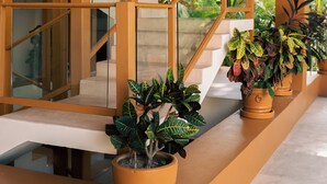 A modern staircase with glass railings and wooden accents, flanked by potted plants. - Hotel Ixzi Plus (Ixtapa)