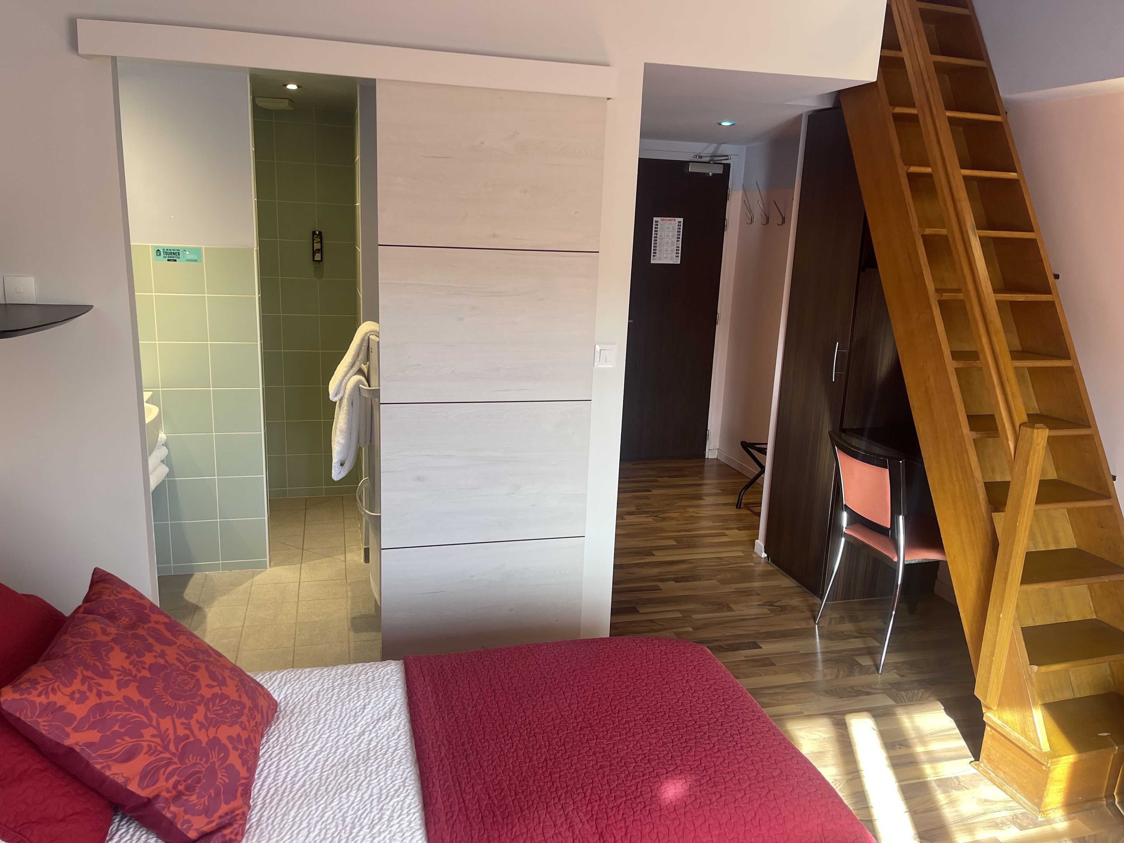 A bedroom with a bed, a wooden ladder, a bathroom with a shower, and a hallway leading to a dark room.