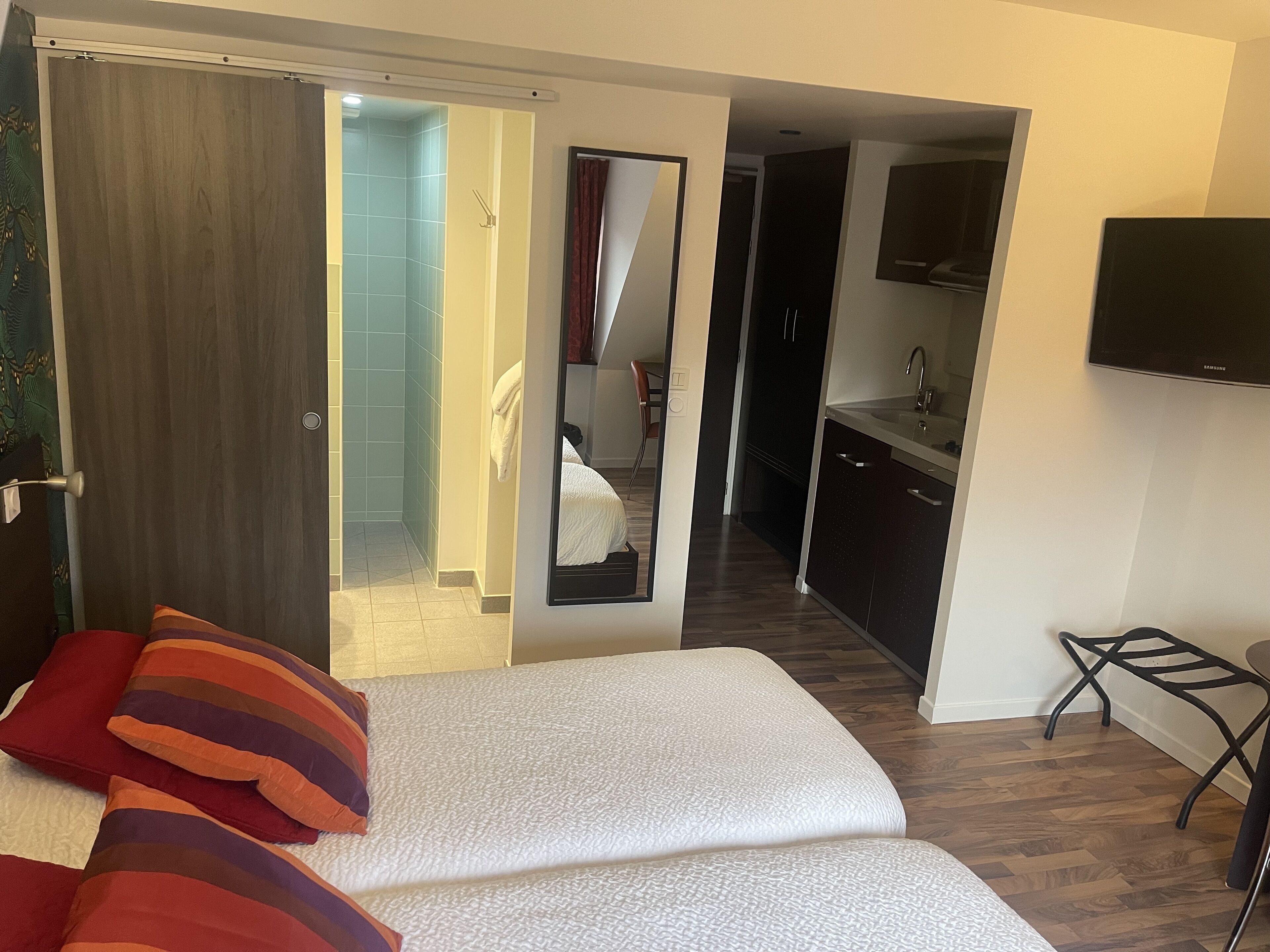 Un dormitorio con cama, un baño con ducha y una zona de cocina.
