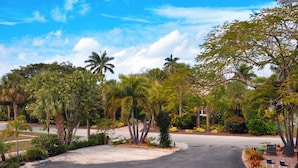 A parking lot with a clear sky, surrounded by lush greenery and palm trees. - Lido Islander Inn (Sarasota)