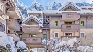 Un hotel de varios pisos con balcones y una montaña nevada al fondo.