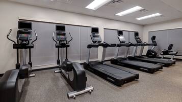 A gym with multiple treadmills and elliptical machines, arranged in rows.