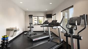 A gym with treadmills, a weight bench, and dumbbells.