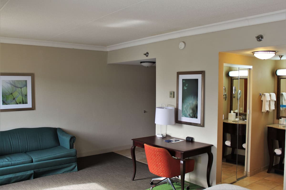Quarto de hotel com sofá verde, escrivaninha de madeira, cadeira vermelha, quadro emoldurado, luminária e banheiro com espelho, além de iluminação no teto.