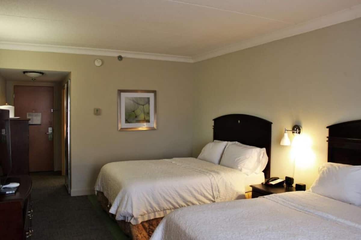 Quarto de hotel com duas camas, uma escrivaninha, uma cadeira, um quadro pendurado na parede e uma porta para um corredor.