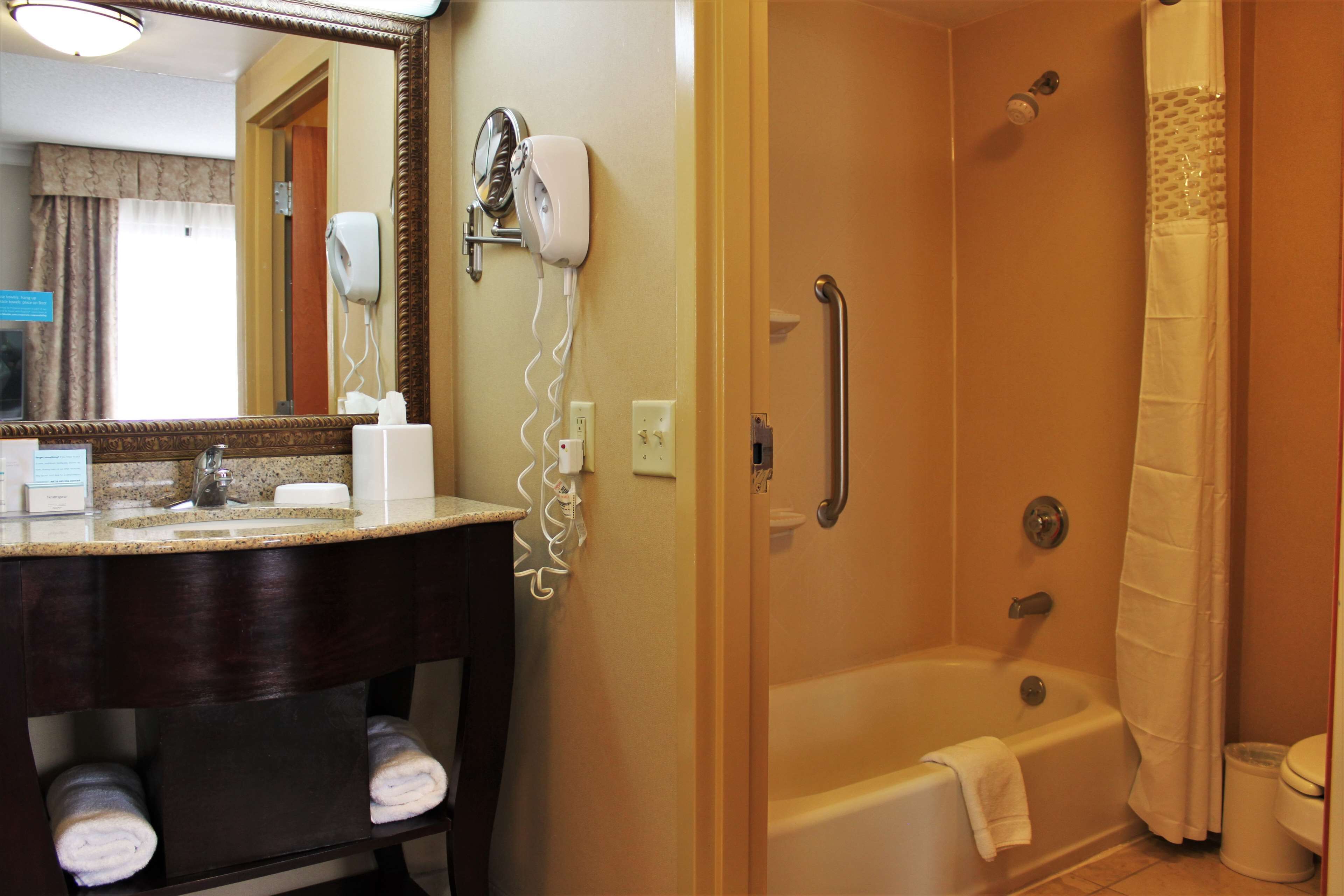 suite, 1 queen bed, non smoking | bathroom | hair dryer, towels