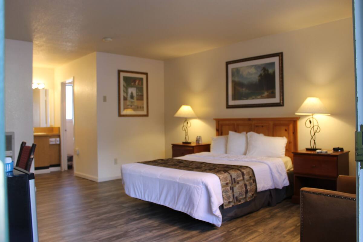 Quarto de hotel com uma cama grande, cabeceira de madeira, duas luminárias de cabeceira, mesa de cabeceira, uma cadeira e um quadro na parede.