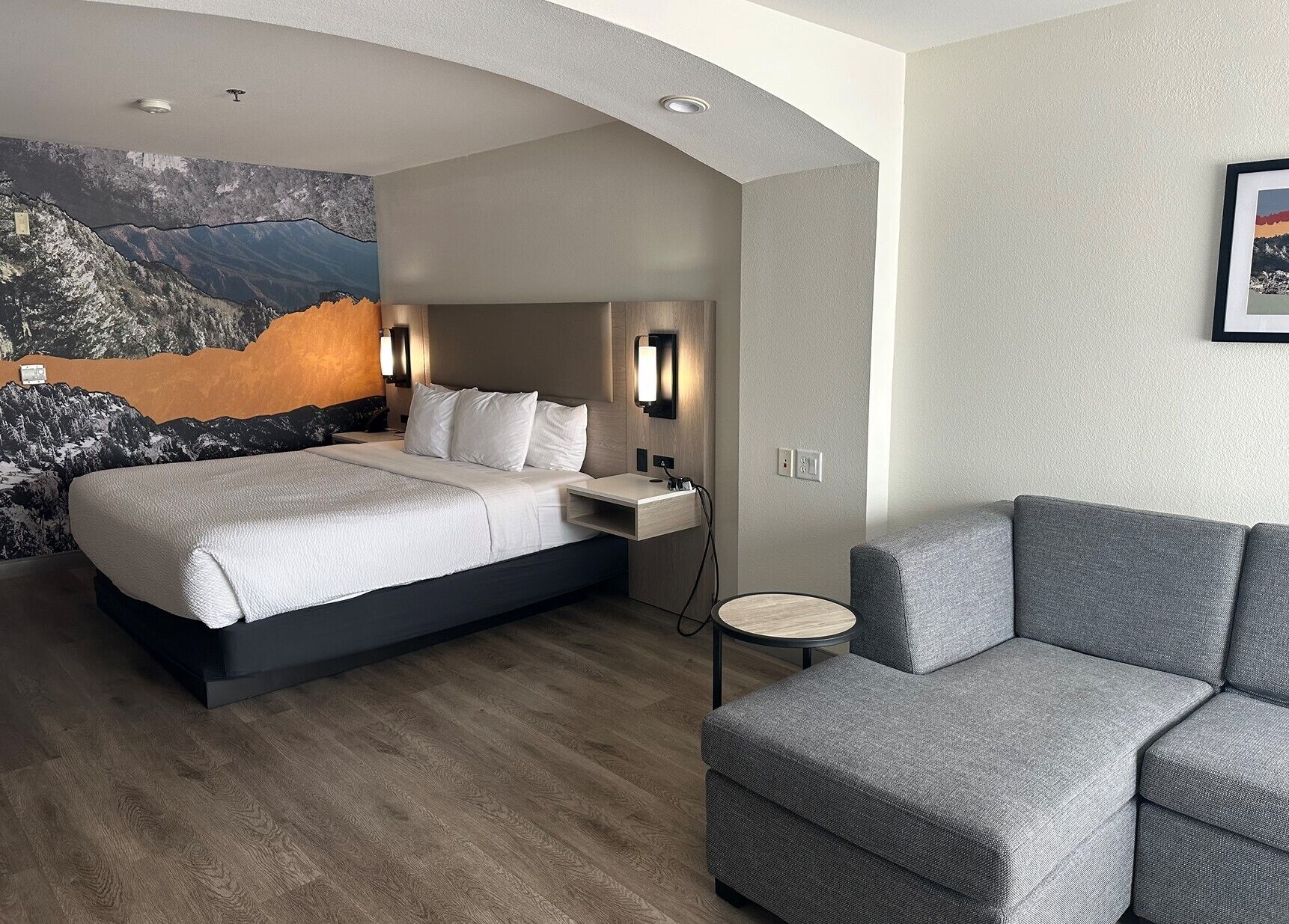 A modern hotel room with a large bed, a gray sofa, and a mountain mural on the wall.