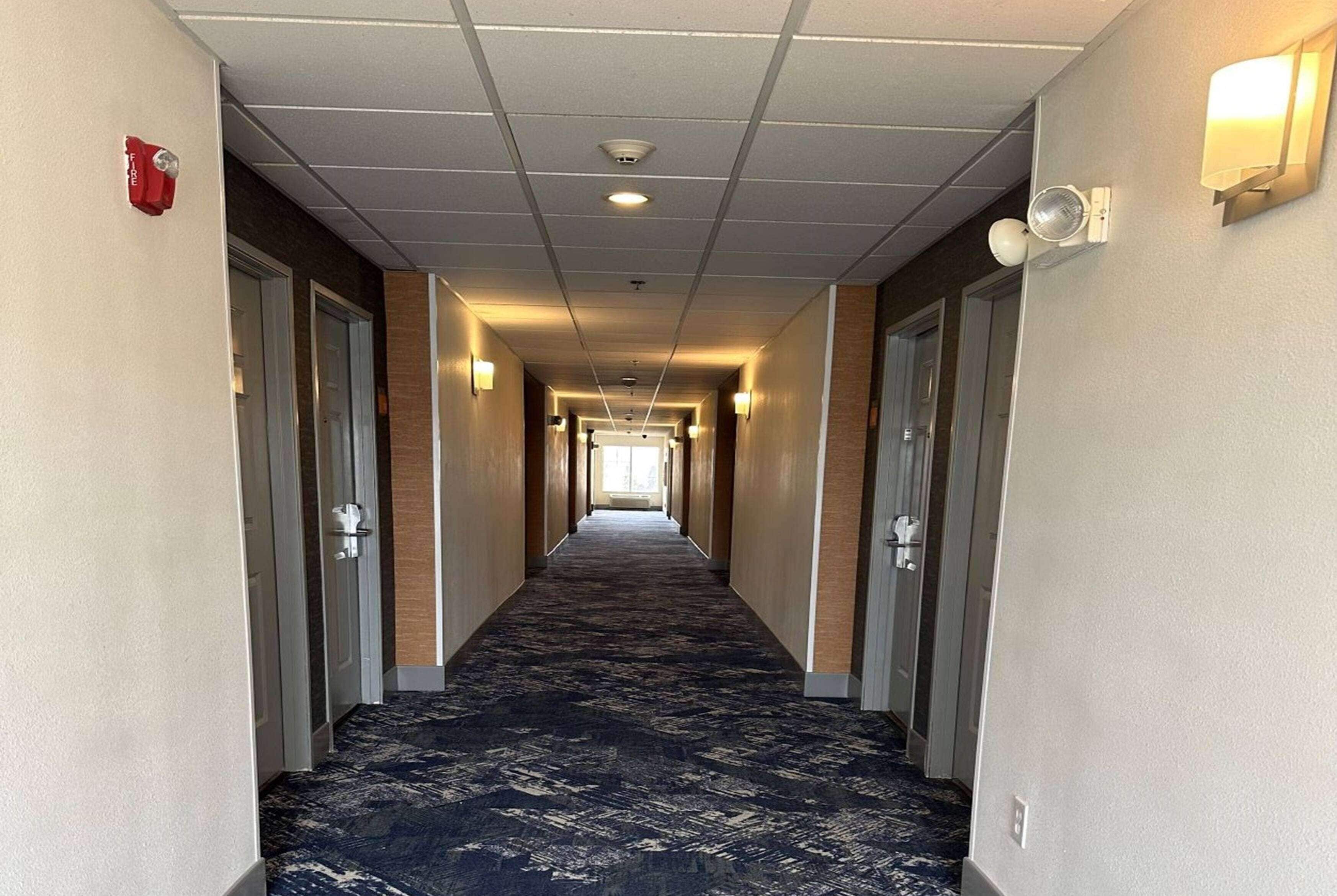 Un pasillo de hotel con pisos alfombrados, puertas a ambos lados e iluminación empotrada en las paredes.