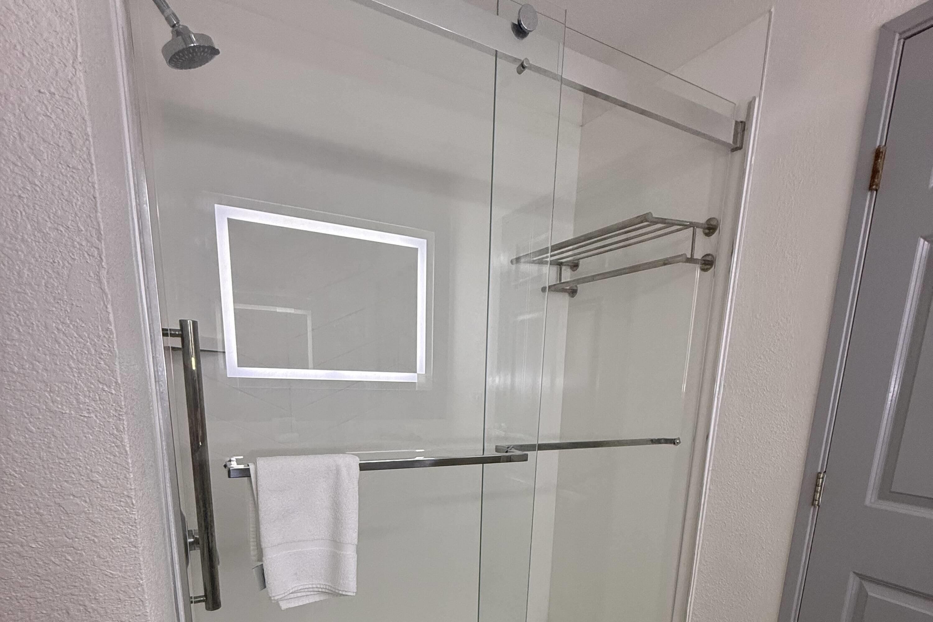 A modern bathroom with a glass shower enclosure, a visible towel rack, and a mirror.