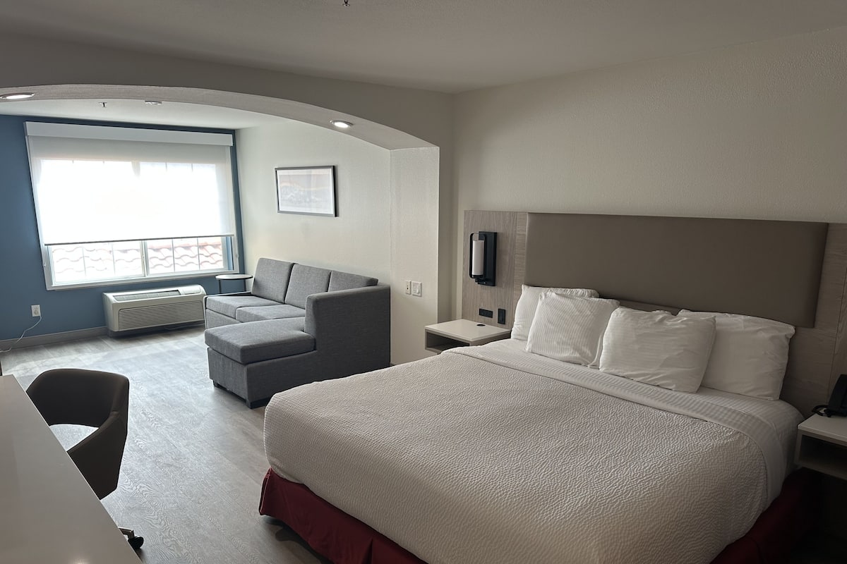 A hotel room with a large bed, a sofa, a desk, and a window with a view.