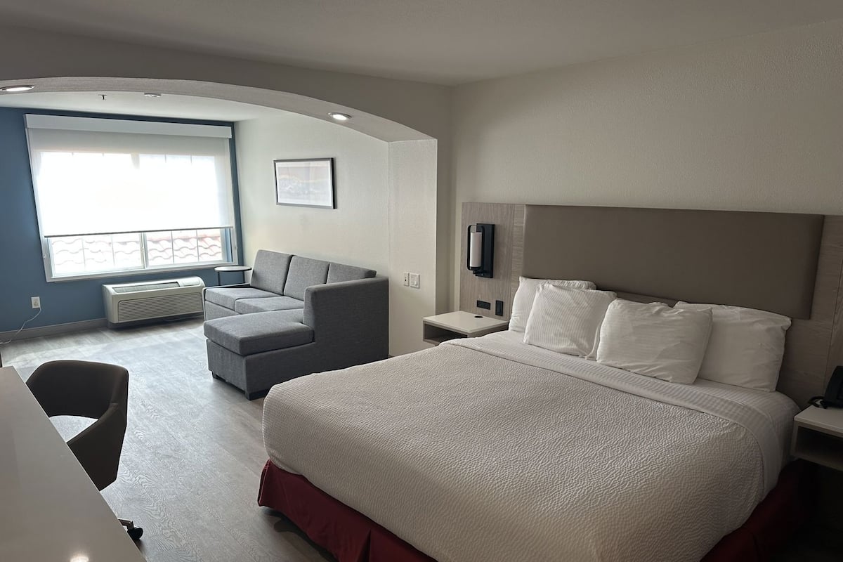 A hotel room with a large bed, a sofa, a desk, and a TV.