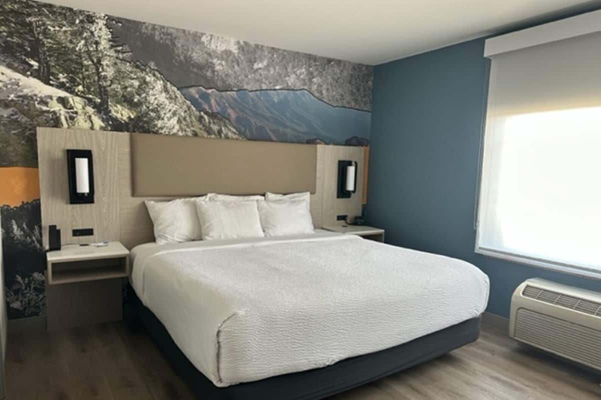 A bedroom with a large bed, a nightstand, a wall-mounted lamp, and a window with blinds.
