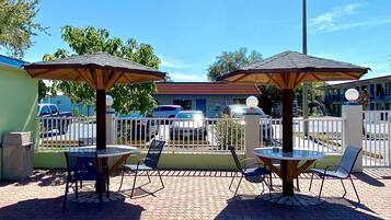Seasonal outdoor pool, pool loungers