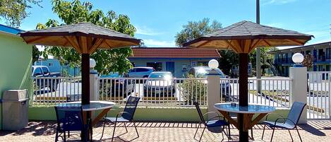 Seasonal outdoor pool, pool loungers