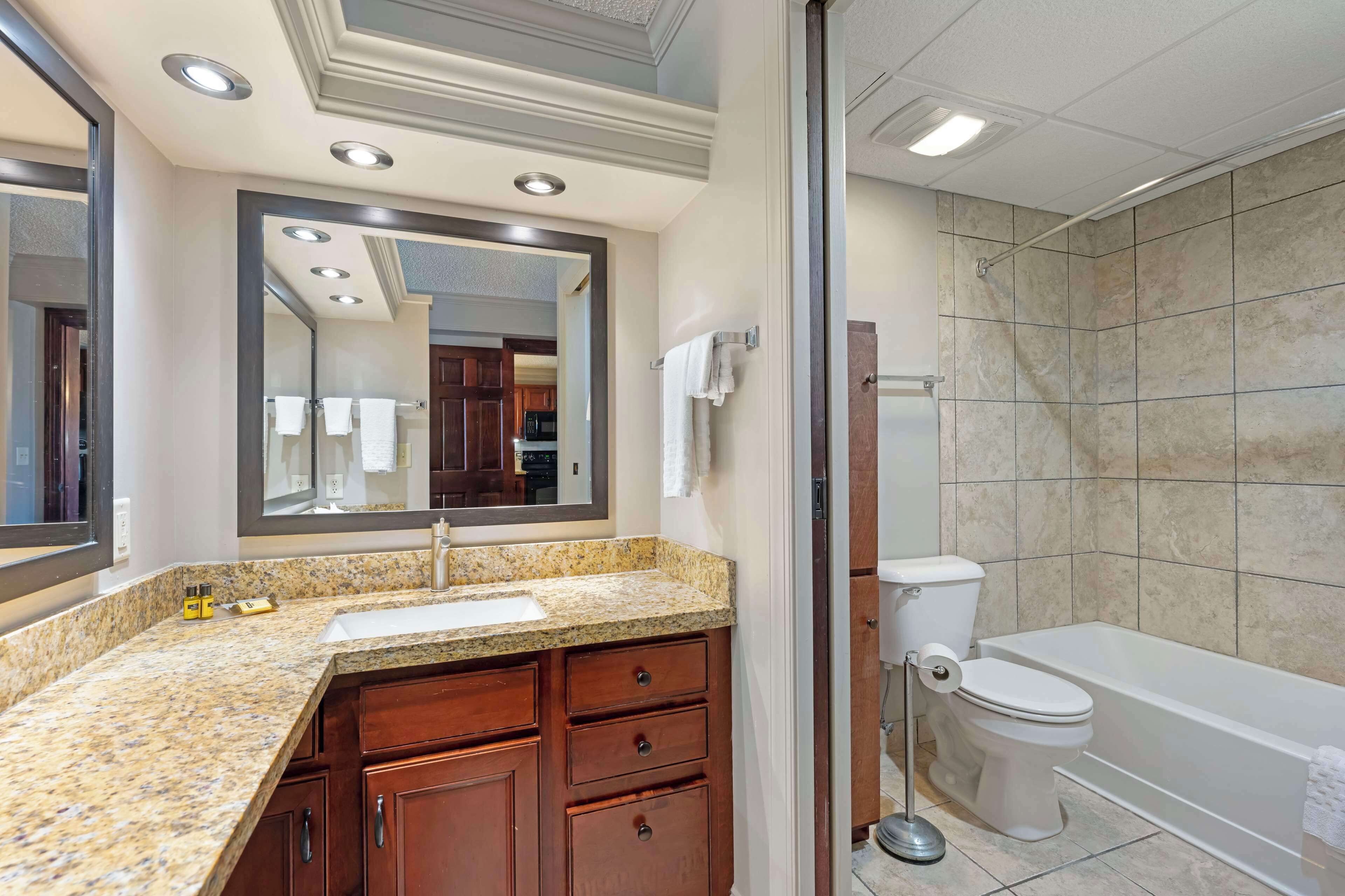 combined shower/bathtub, free toiletries, hair dryer, towels