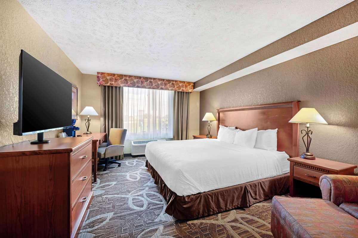 A hotel room with a large bed, two bedside tables with lamps, a desk with a computer, a TV, and a patterned carpet.