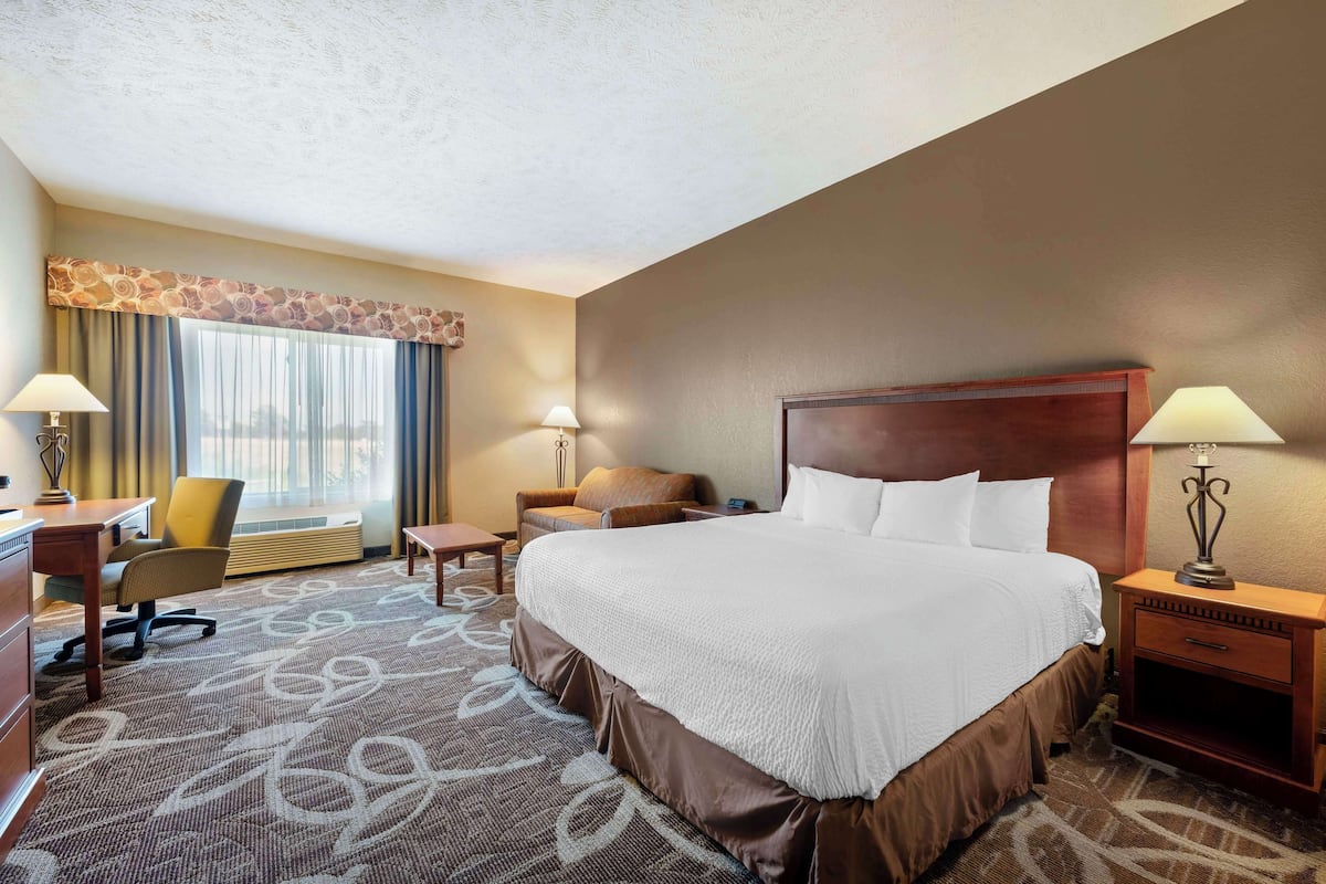 A hotel room with a large bed, a desk, a chair, a nightstand, and a lamp.