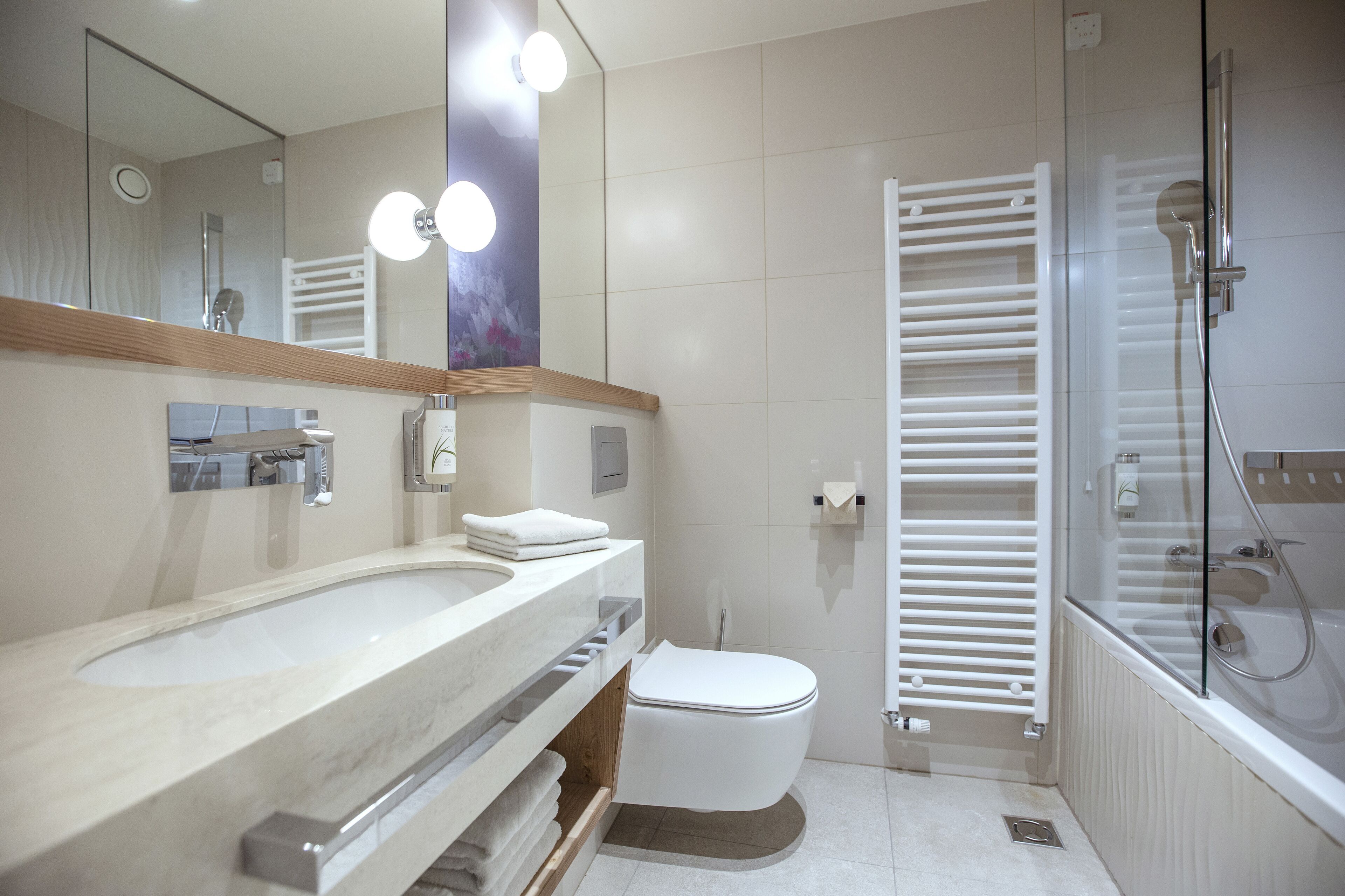 Une salle de bain moderne dotée d’un grand lavabo, de toilettes et d’une douche séparée par des parois en verre.