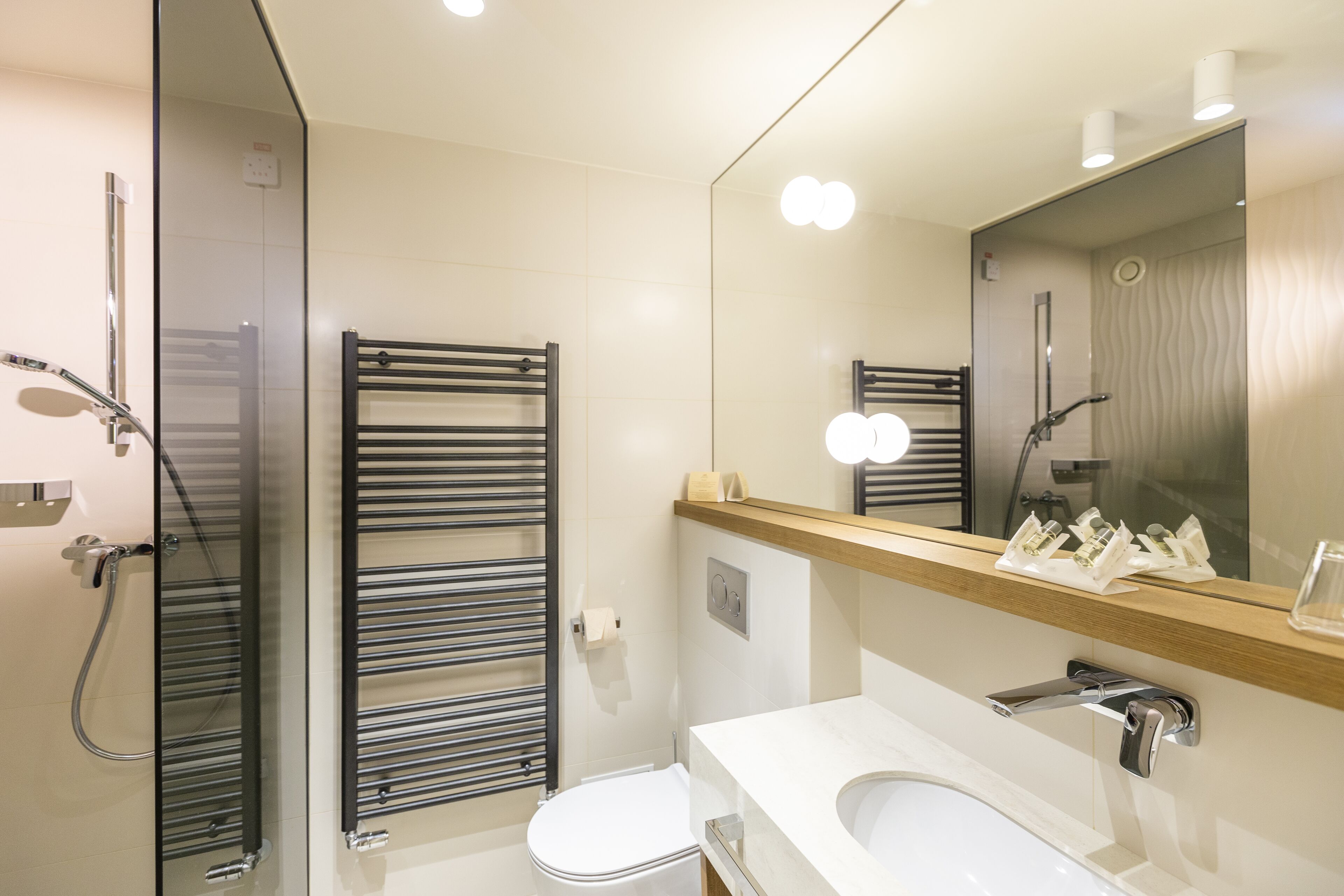 A modern bathroom with a glass shower enclosure, a toilet, and a sink with a mirror above.