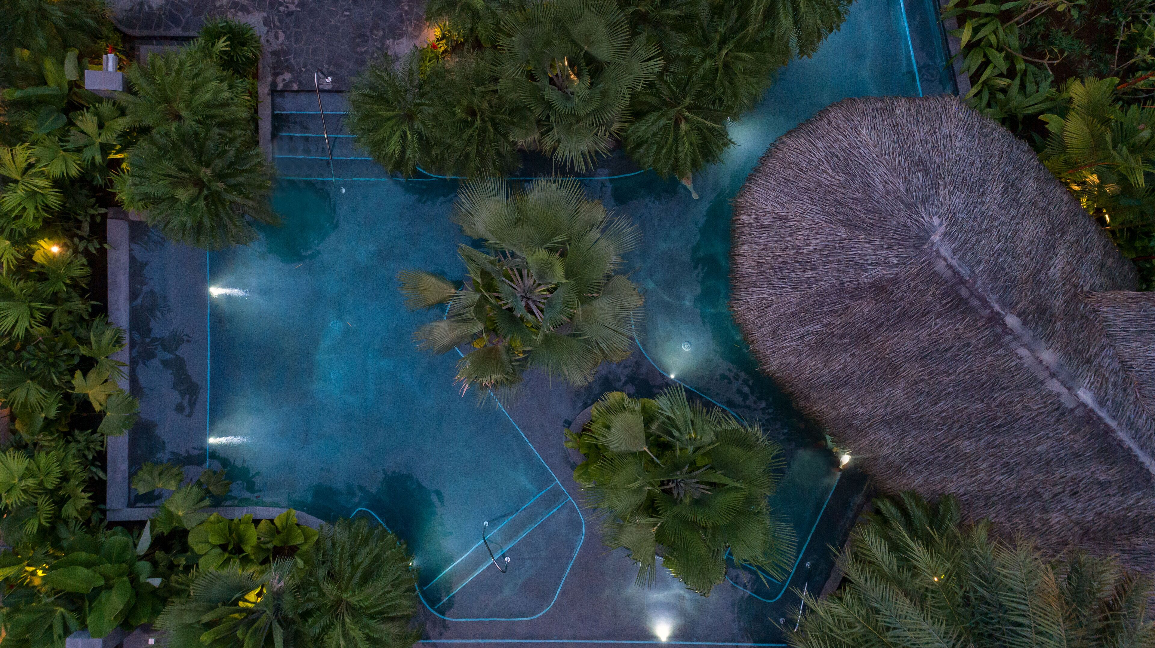 Vista aérea de una piscina rodeada de exuberante vegetación tropical, incluyendo palmeras y una gran estructura de techo de paja.