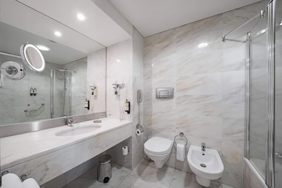 combined shower/bathtub, free toiletries, hair dryer, bidet