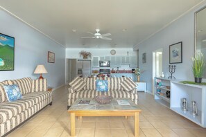 Signature Villa, 3 Bedrooms, Ocean View, Beachfront | Living area | 32-inch TV with cable channels