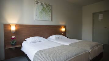 Een tweepersoonsbed met twee kussens, een nachtkastje met een lamp, een kleine plant en een wanddecoratie.