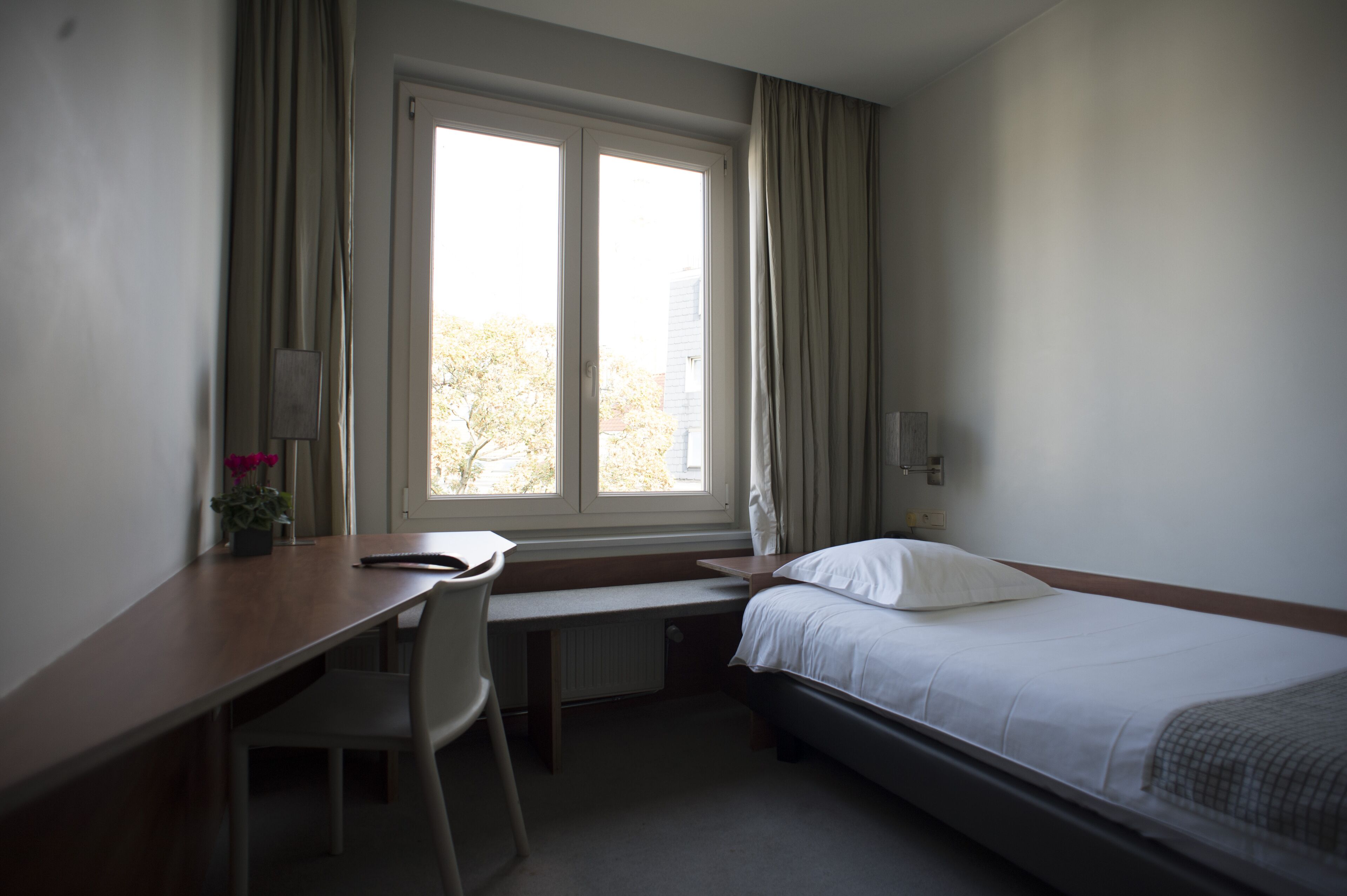 Una habitación de hotel con una cama individual, un escritorio y una silla.
