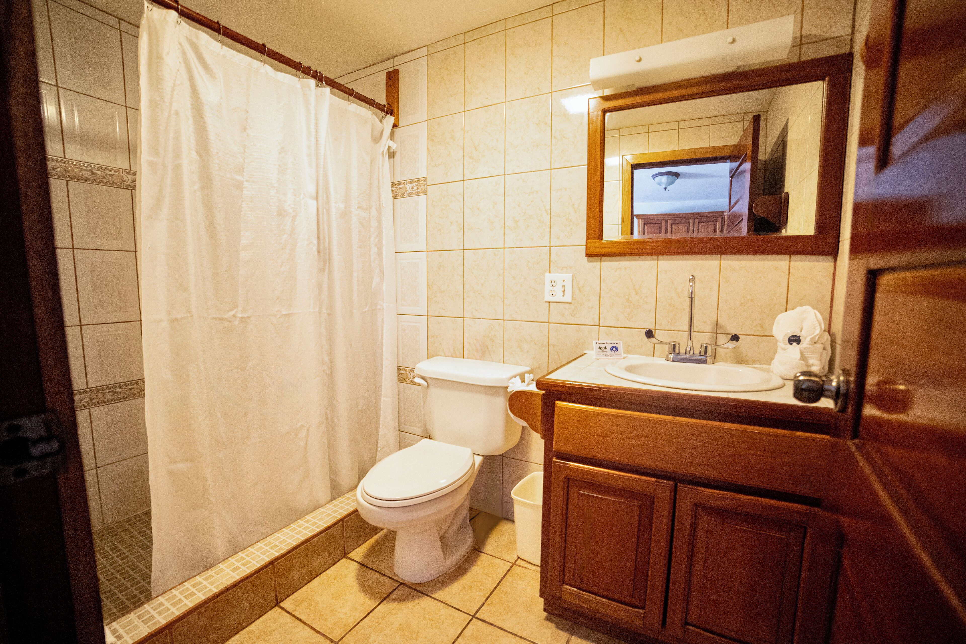 A bathroom with a toilet, sink, mirror, and shower curtain.