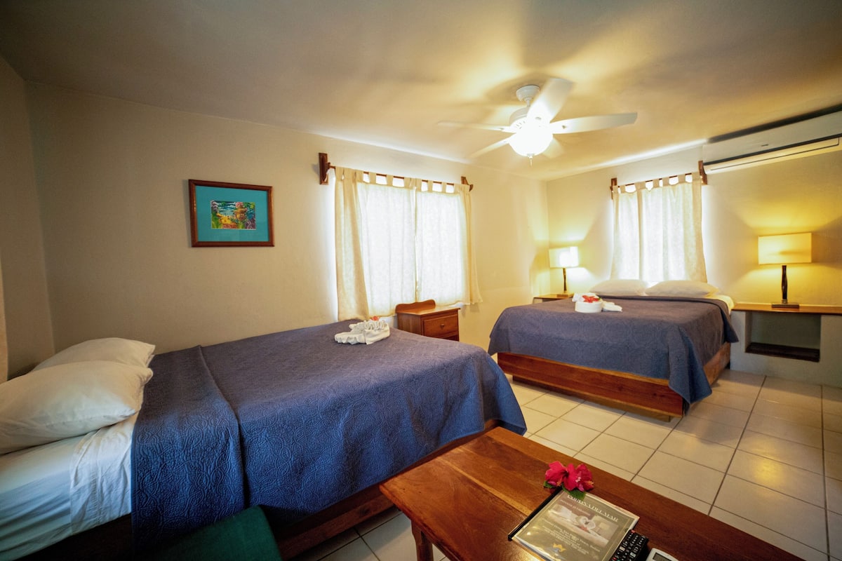 Une chambre d’hôtel avec deux lits, un ventilateur de plafond, une petite table avec une télécommande et un tableau encadré au mur.
