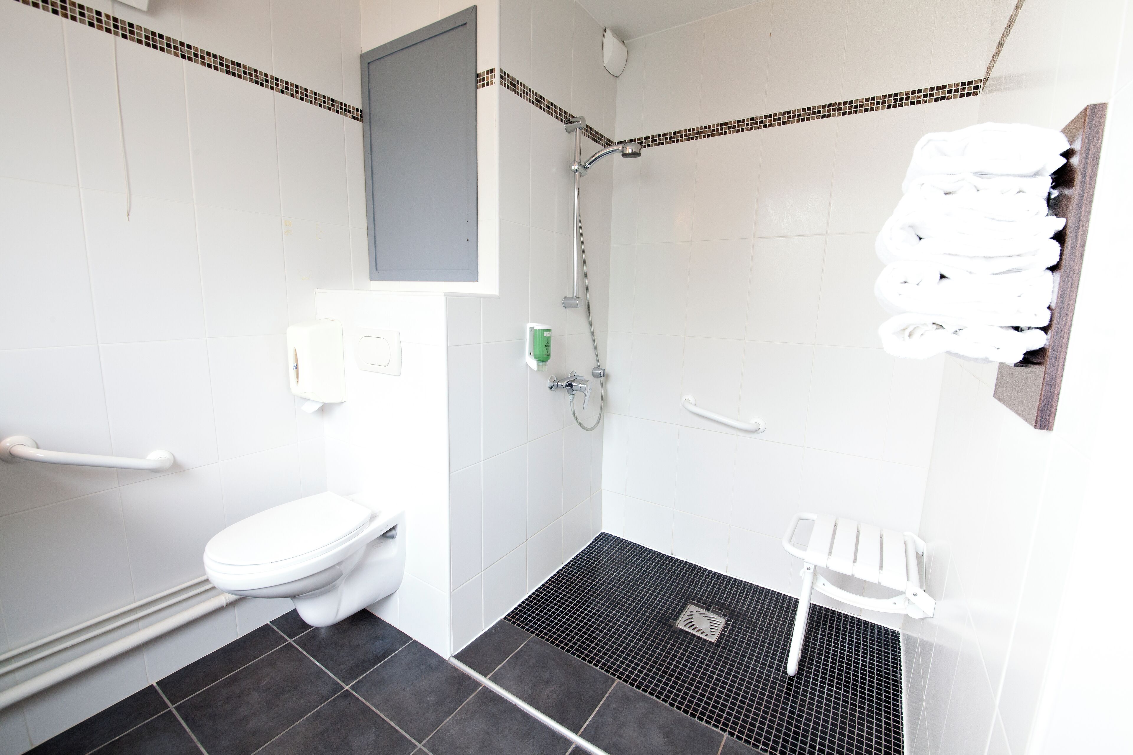 A bathroom with a white toilet, a shower with a handheld showerhead, a grab bar, and a towel rack with towels.