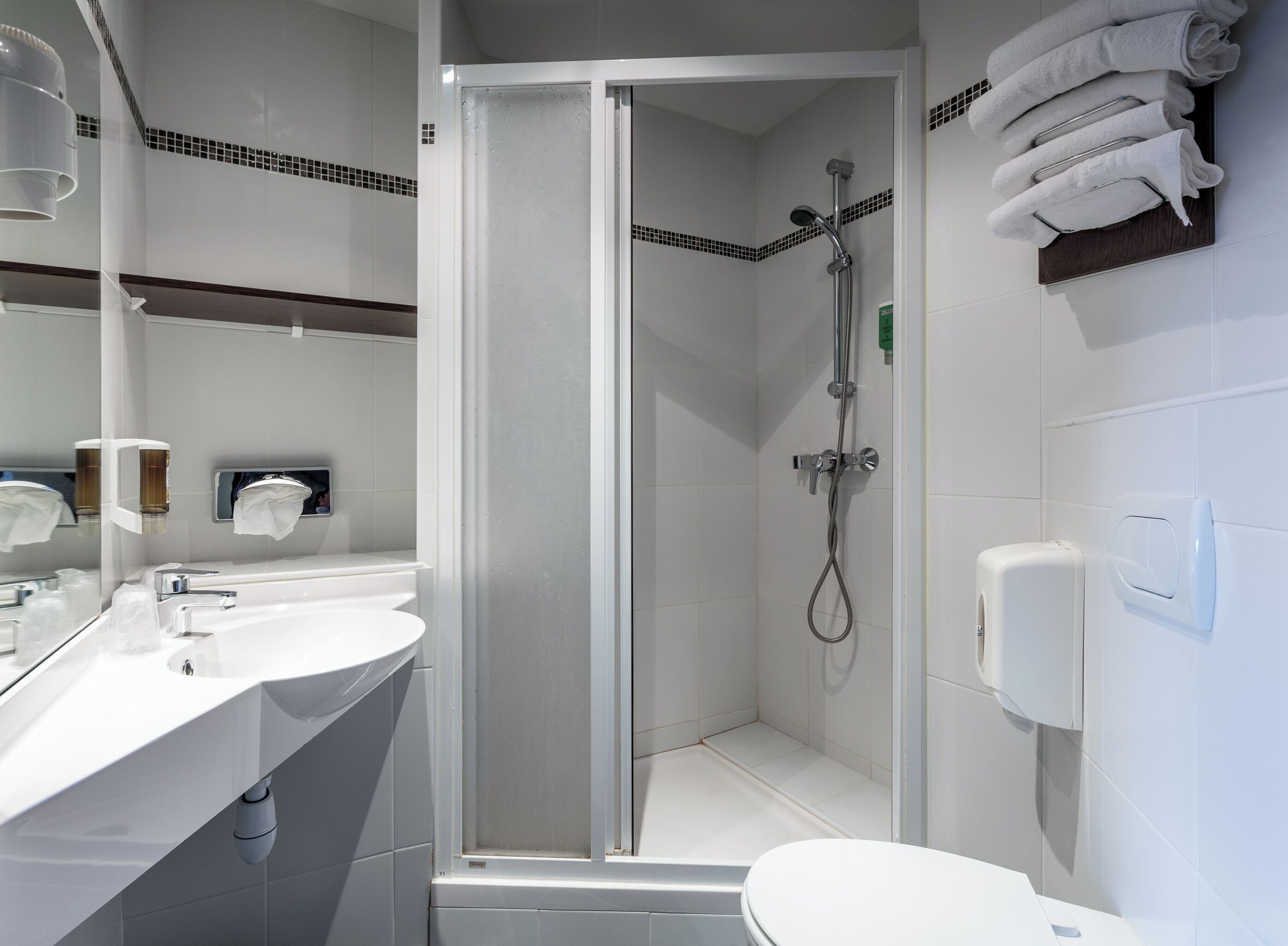 Un baño moderno con ducha envuelta en vidrio, un lavamanos blanco y un inodoro.
