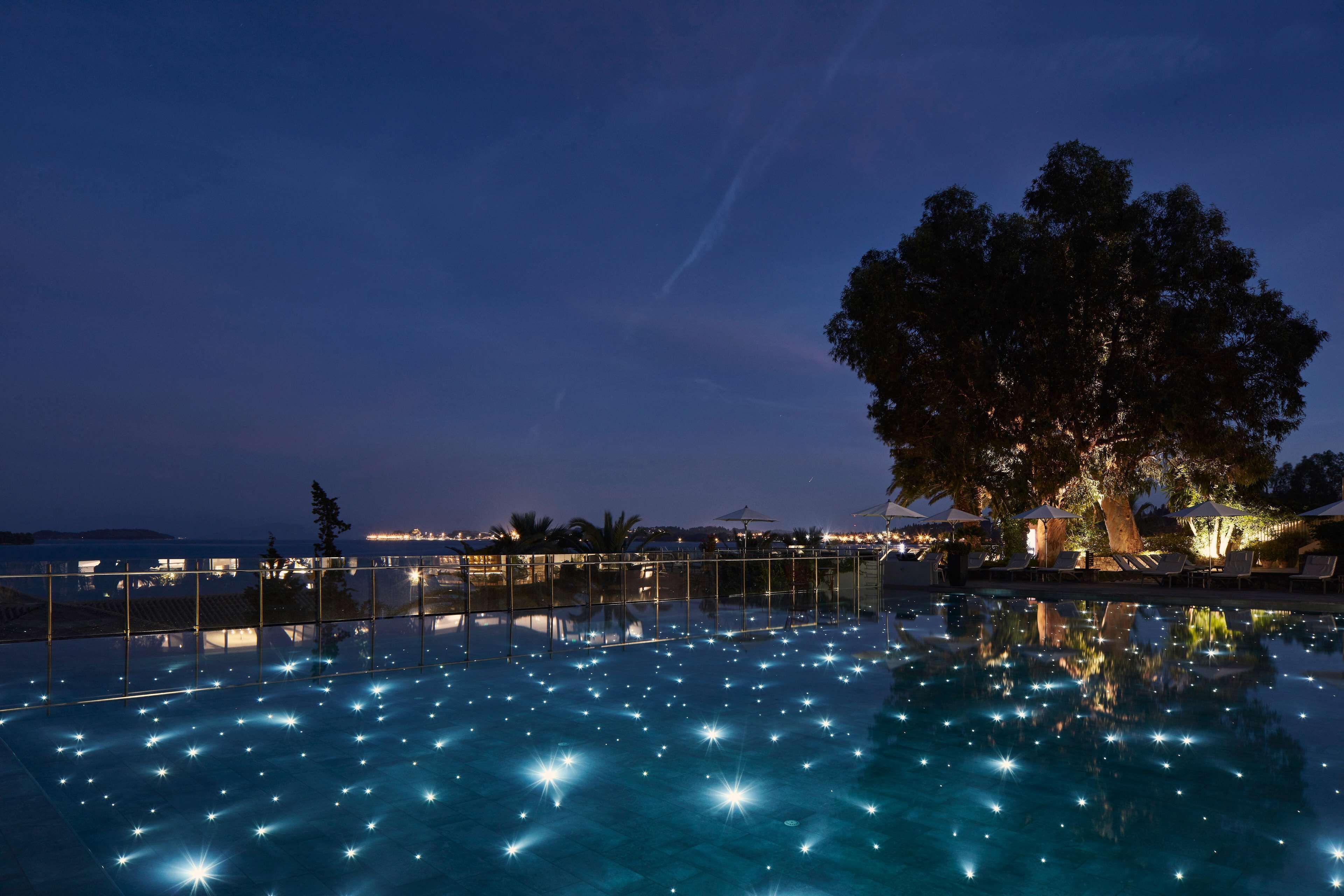 Zona de piscina nocturna con un gran árbol y vista al horizonte de la ciudad.