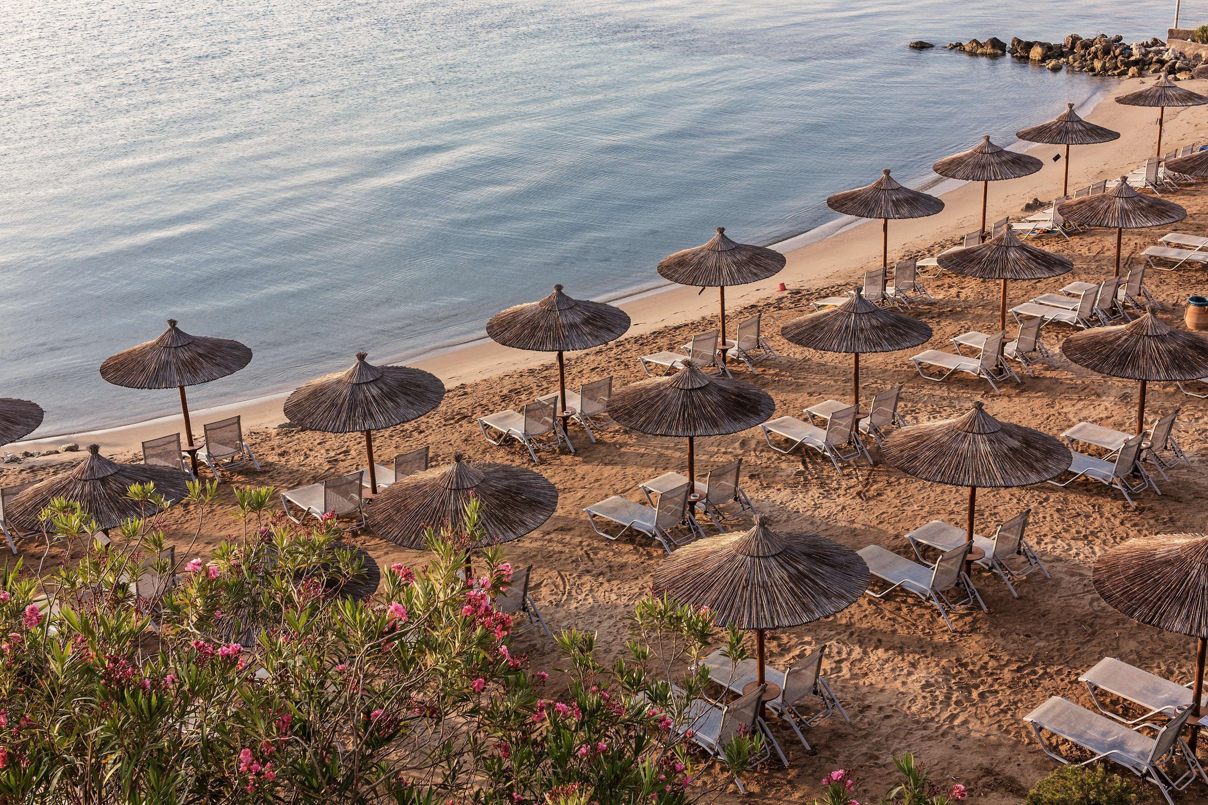 Plage, sable blanc, chaises longues, parasols