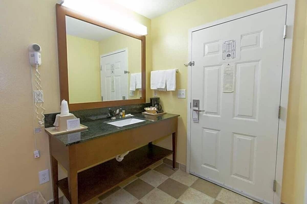 A hotel bathroom with a sink, mirror, and a white door.