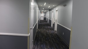 A long, narrow hallway with a carpeted floor, white doors on both sides, and a white railing along the left wall. - Douglas Inn And Suites (Cleveland)
