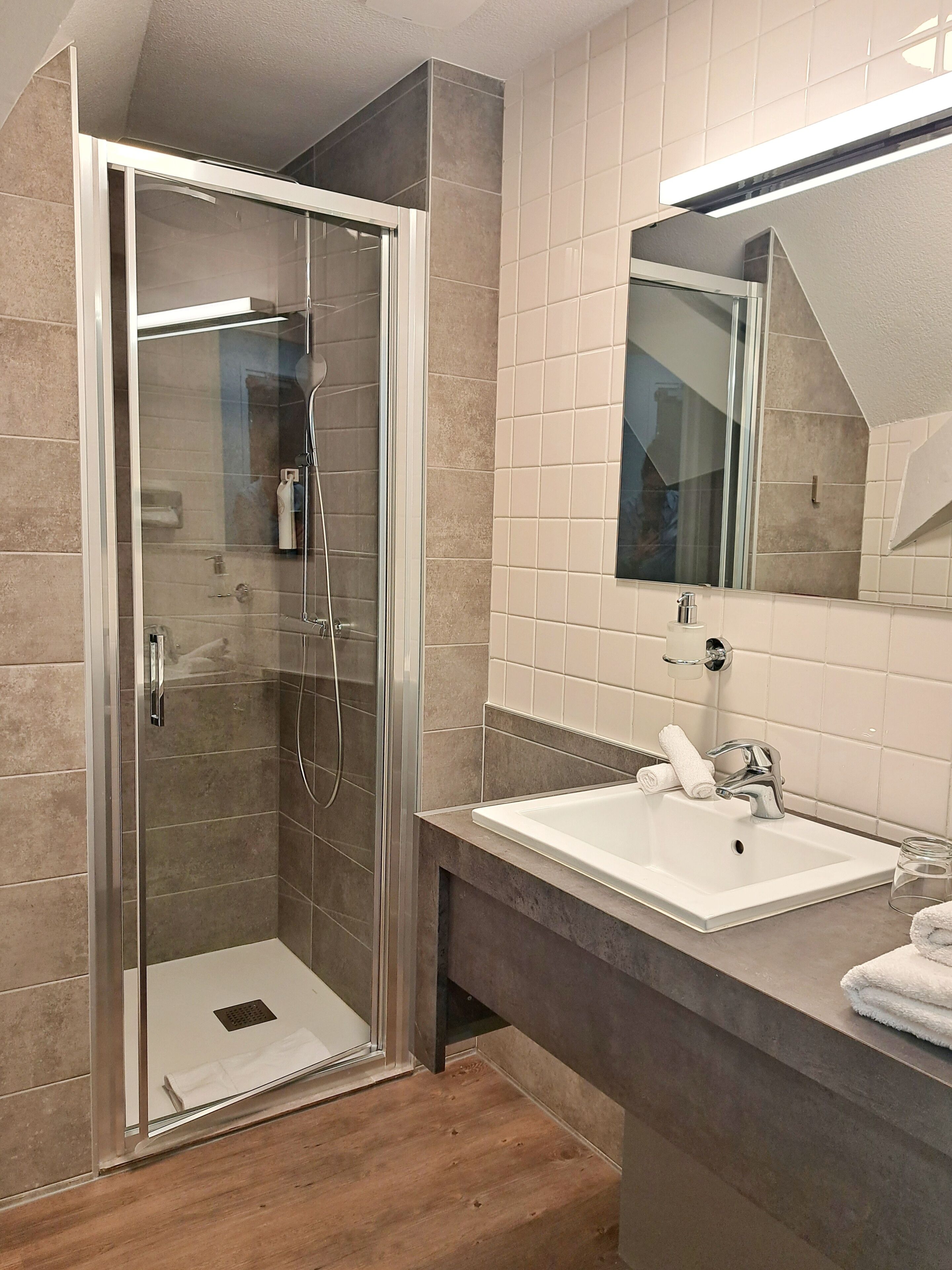 A modern bathroom with a glass-enclosed shower, a white sink, and a large mirror above it.