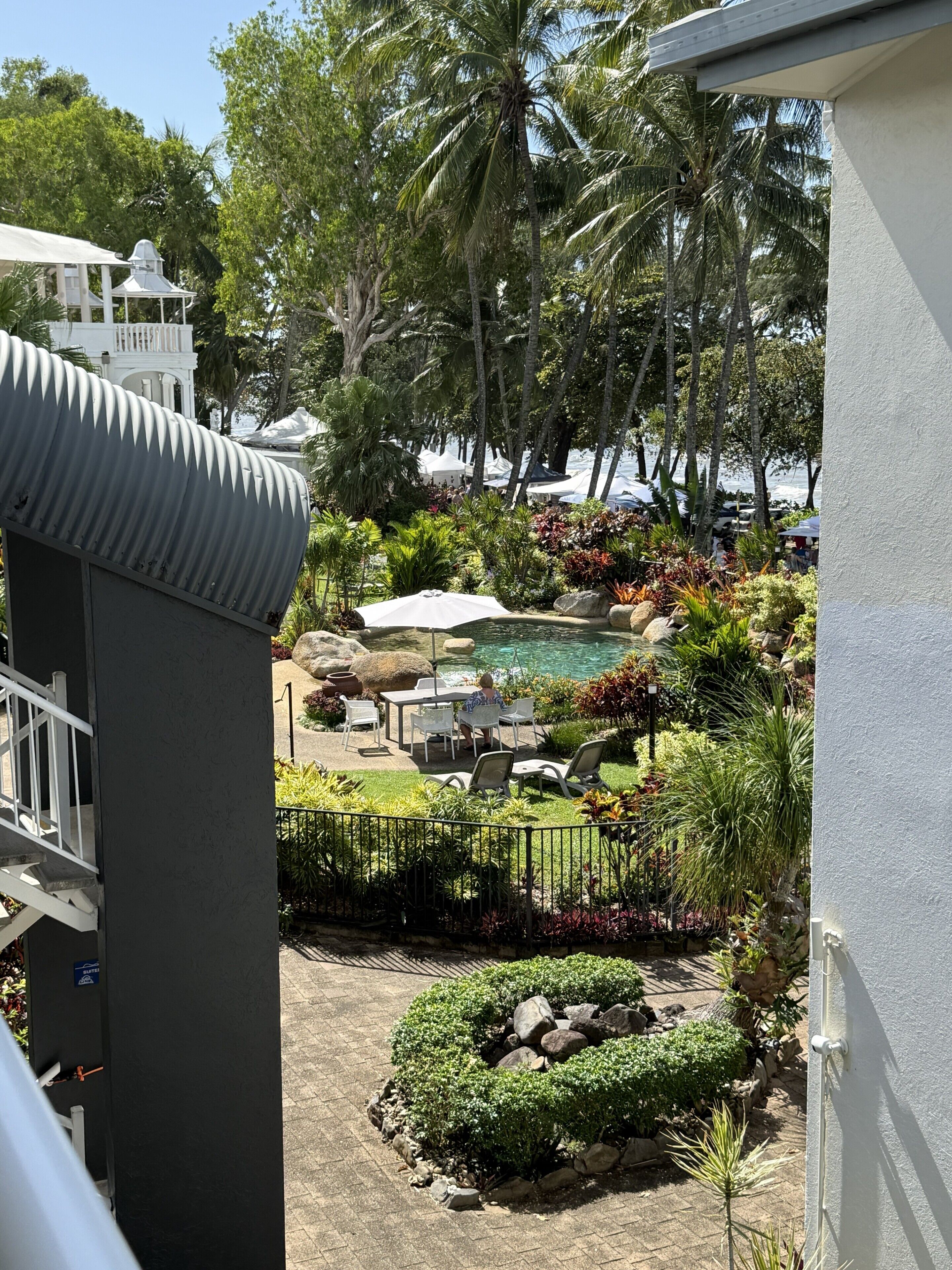 A pool area with lounge chairs and umbrellas, surrounded by tropical plants and palm trees.