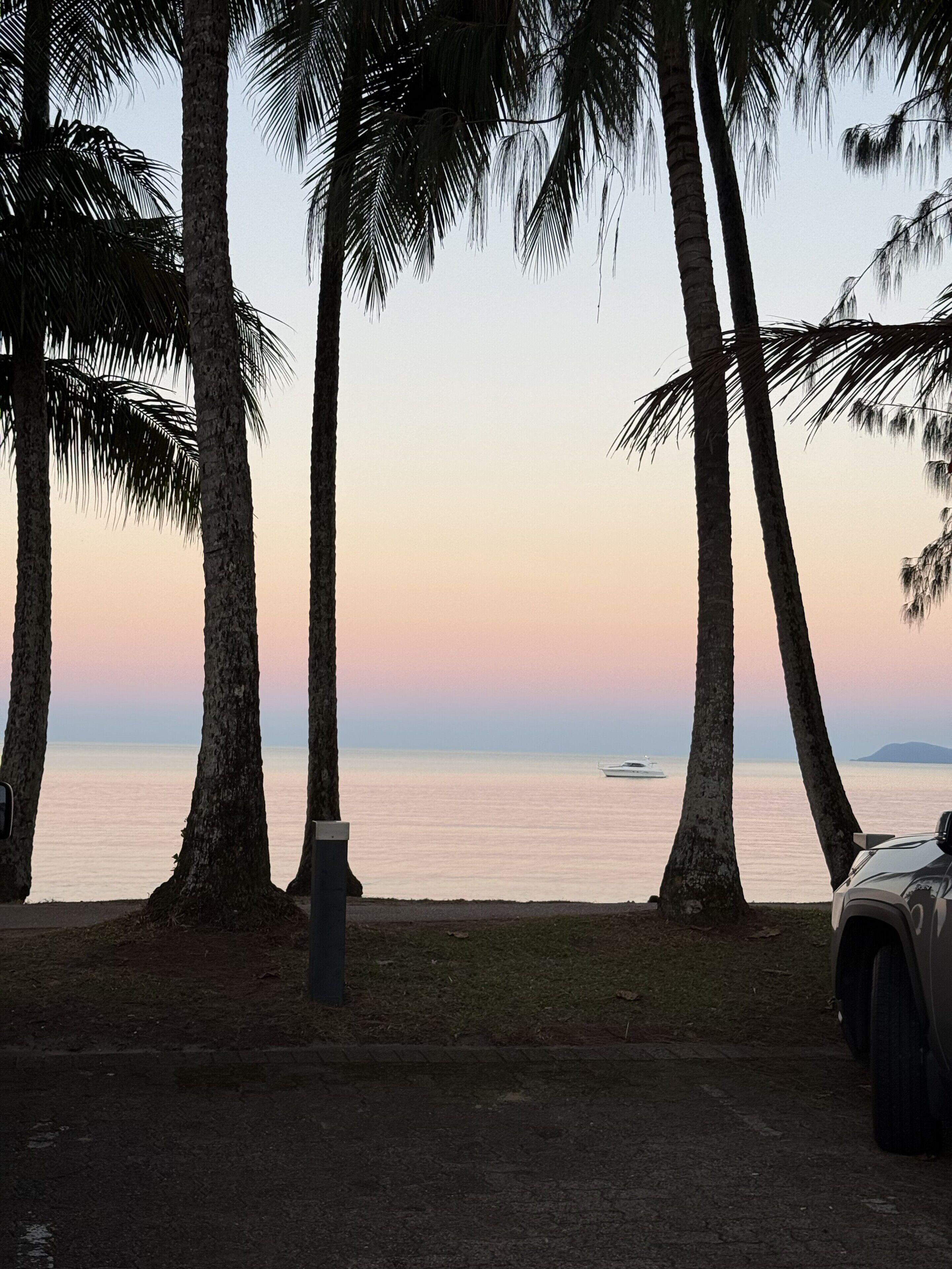 A beach scene with palm trees, a parked car, and a boat in the distance.